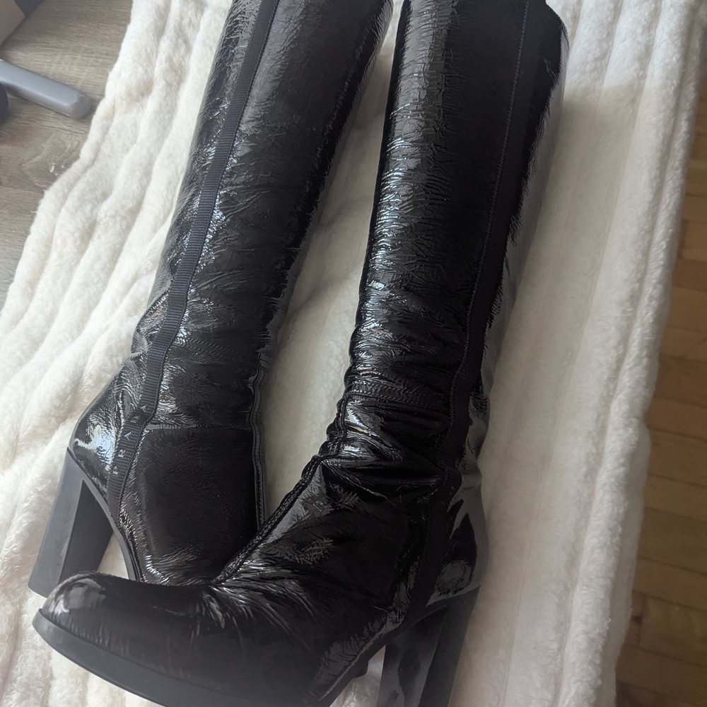 Prada Black Knee-High Patent Boots